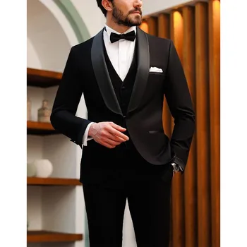 висок клас черни мъже костюми 3 парче елегантен шал ревера един бутон мъжки костюм абитуриентски парти официална сватба смокинг (Blazer + жилетка + панталони)