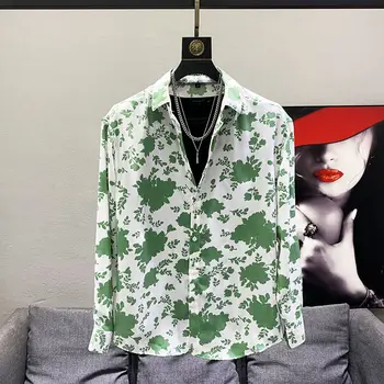 Висококачествена мъжка риза Есенни загуби с дълъг ръкав Ежедневни ризи Отпечатана дишаща бизнес социална рокля Риза Мъжко облекло H85