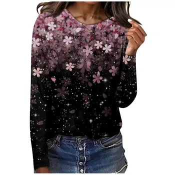 Дамска тениска 2023 Есен елегантен дълъг ръкав цвете печат върховете флорални тенденция тениска зимата кръг врата реколта пуловер