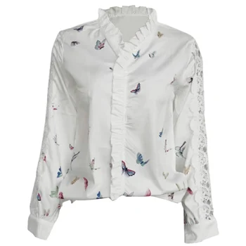Дамски елегантни блузи ризи пеперуди печат туники върховете с Falbala врата отпред за работа училище носене