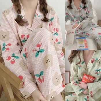 Дамски карирани пижами комплект черешова мечка дълъг ръкав бутон спално облекло