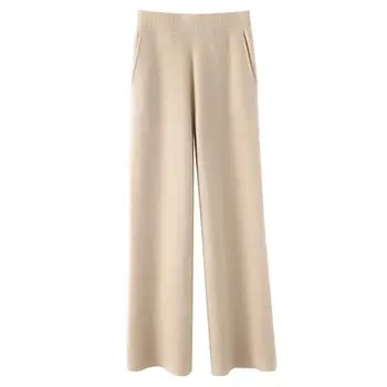 Дамски панталони от памучна смес удобни дамски панталони с висока талия с широк крак с джобове Меки дишащи за дами за ежедневието