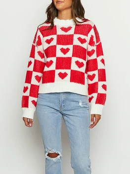 Дамски пуловер за проверка на сърце Пуловери с дълъг ръкав около врата Свободни пуловери Плетени върхове Есен Зимни трикотаж