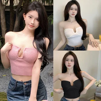 Дамски топ тънък секси без презрамки без презрамки потници корейски версия тениска