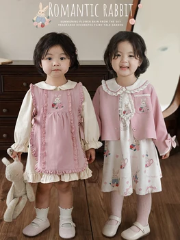 Дрехи за момичета Детска мода Рокля с висока талия Есенно палто с лък Бебе Сладък печат Комплекти Мода