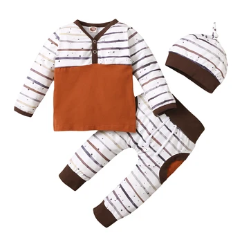 Дрехи за новородени 3Pcs памучни комплекти раирани дълъг ръкав V-образно деколте тениска шнур панталони посочи шапка бебе дрехи 0-18M деца