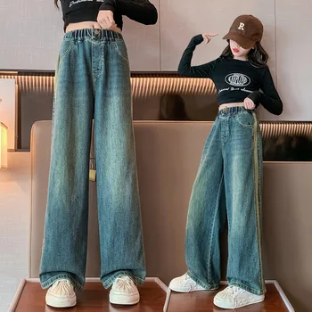Дънки за момичета есен синьо направо хлабав случайни тийнейджърски деца широк крак панталони ластик мода All-мач детски панталони