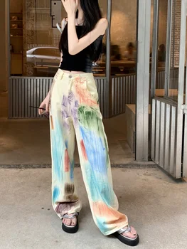 Европейски и американски персонализирани висока улица цветни боядисани деним жените висока талия права тръба широк крак моп панталони