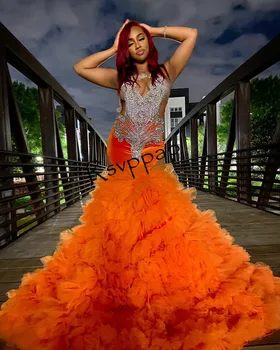 Ексклузивни диамантени русалка дълги абитуриентски рокли 2023 Луксозен сребърен кристал Вижте през най-високо диференцирани оранжеви жени парти рокли