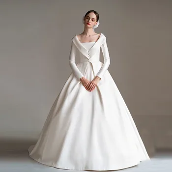 Елегантна бална рокля сватбена рокля стилен яка скромни дълги ръкави цип обратно булчински рокля реколта Vestidos де Noiva TT446
