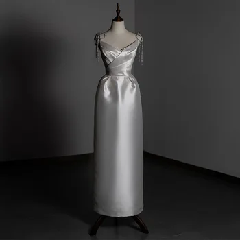 Елегантна обвивка сватбени рокли V-образно деколте лъскави спагети презрамки цип обратно скромен булчински рокля рокля рокля с дизайн смисъл SWD252
