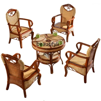 естествен ратан облегалка ратан трапезен стол ресторант дървена топка ратан отдих стол стол единичен диван