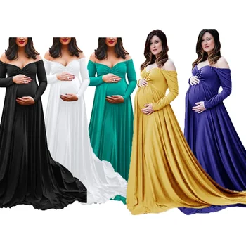 Жена бременна фотография дрехи без рамо v-образно деколте опашка голям люлка рокля бебе душ за жени