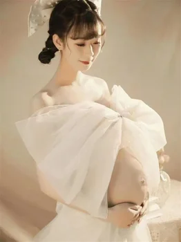 Женски фотографски реквизит Бял елегантен Bow-възел майчинство рокли бременност рокля лента за глава студио стрелба фото подпори