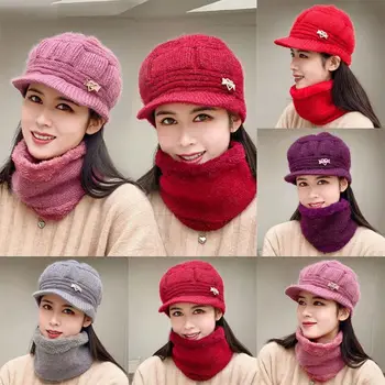 Зимен плетен шал шапка комплект дебели топли шапки шапки за жени на открито колоездене езда ски капак капачки тръба шал пръстени