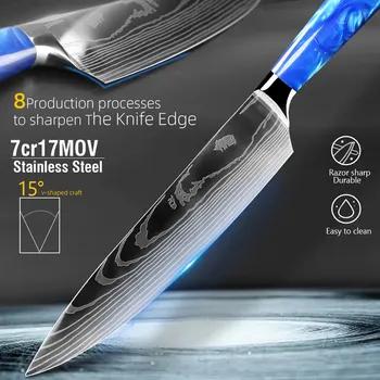 Комплект кухненски ножове Дамаск Лазер Професионални ножове за готвачи Въглеродна стомана Японски Santoku нарязване месо Cleaver синя смола дръжка