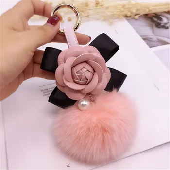 Корея творчески лък Camellia ключодържател чанта висулка дама лисица кожа топка ключодържател кола ключодържател висулка мода украшение