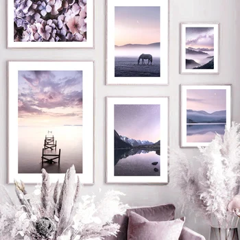 Лилаво пейзаж хоризонт кон кон спокойно езеро цвете мъгла скандинавски плакат стена изкуство печат платно живопис декор картини за хол