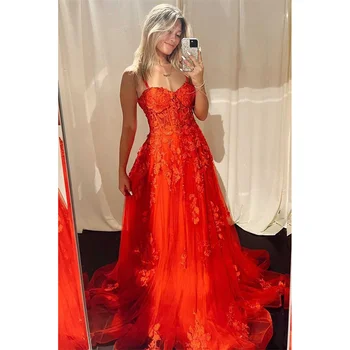 Лили апликации Скъпа шик жена вечерна рокля рокля спагети каишка топка рокля оранжева мрежа нощни рокли рокля одежди де soirée