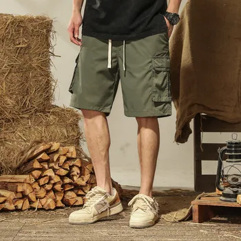 Лято направо спортно облекло Бермудски шорти за мъже къси панталони хлабав мулти-джобове шнур случайни работа човек товари къси панталони