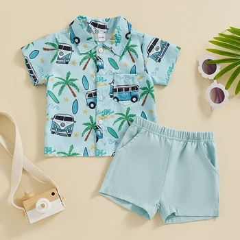 Малко дете бебе момче летни дрехи комплект лято Boho отпечатани бутон надолу върховете риза облекло шорти комплект детски момчета