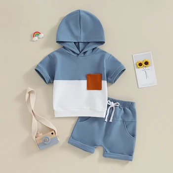 Малко дете бебе момче летни дрехи контраст цвят къс ръкав качулка върховете и участък шорти бебе момче облекло комплект
