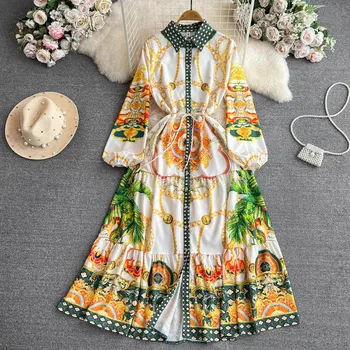 Мода Runway реколта печат флорални Макси дълъг ръкав риза рокля жени есен еднореден празник Boho Vestidos женски