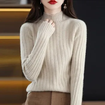 Мода половин водолазка пуловер жени плътен цвят трикотаж есен зима нов къс дълъг ръкав хлабав плетени върхове дами G2856