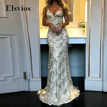 Моден блясък флорални окото сватбено тържество рокля секси жени вратовръзка без гръб вечерна рокля елегантен прашка дълбоко V врата дълги рокли