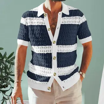 Модерен мека текстура къс ръкав лесен за почистване мъжки летен тънък пуловер плетене тениска мъже плетене риза дишаща