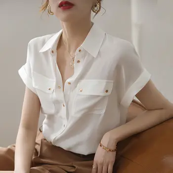 Модерен офис дама плътен цвят шифон блуза простота всички мач Polo-врата къс ръкав бутон риза лято дамско облекло