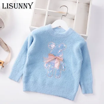 Момиче пуловер норка руно карикатура мечка 2023 есен зима принцеса пуловер плетени дрехи дете бебе детски дрехи малко дете 2T-8T