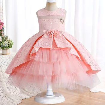 Момичета перла бродерия пътека принцеса рокля 0-4 годишно бебе цвете дантела торта подпухнали рокля банкет домакин висок клас рокля