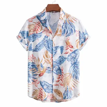 Мъжки 3D цвете графичен печат Обърни надолу яка летни ризи случайни къс ръкав блуза мъжки плаж облекло върховете