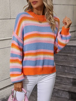 Нов 2023 есен плета отгоре пуловер OL екипажа врата раирани пуловери хлабав корейски модни върховете цвят контраст основни пуловер жени