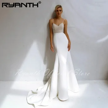 Нова перлена обвивка с мъниста русалка сватбена рокля 2024 спагети презрамки Sweatheart сатенени булчински рокли халат De Mariee граждански за жени