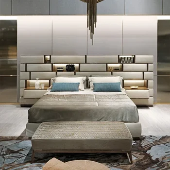Нова пълна спалня мебели тапицирани съхранение легло цар размер модерен дизайнер кожа светлина луксозно легло