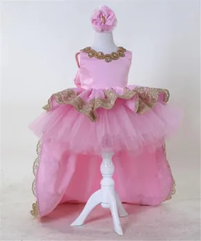 Нова розова детска момичета рокля за рожден ден без ръкави обратно лък кристали дантела ръб принцеса рокля изпълнява коледни детски рокли