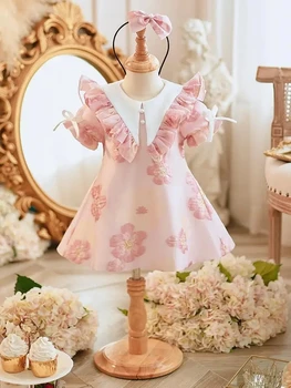 Ново момиче рокля разрошена принцеса рокля рожден ден детски дрехи печат рокля топка рокля изпълнение костюм рокля
