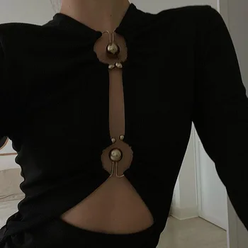 оребрени черни дамски бодита дълъг ръкав кухи тройници метален дизайн есенно боди за дамска мода улично облекло 2023 ново