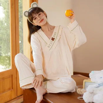 Пижама Жени Есен И Зима Дълъг ръкав Японско кимоно 2022 Нова печатна карикатура Сладко момиче може да носи V-образно деколте Комплект домашни дрехи