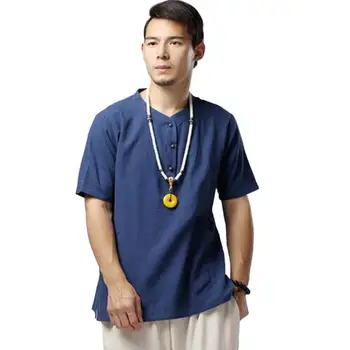Плюс размер M-6XL мода мъжки памук бельо върховете риза,удобни плътен цвят мандарин яка свободно време v-образно деколте марка мъжки ризи