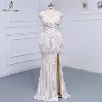 Плюс размер без ръкави бели пайети Вечерна рокля абитуриентска рокля Парти рокля роба de soirée de mariage Шаферски рокли Макси рокля