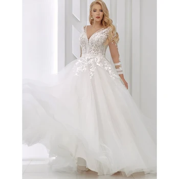 Плюс размер сватбени рокли A-линия V-образно деколте 3/4 ръкави тюл апликации дантела Boho сватбена рокля булчински рокля Vestido де Noiva