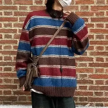 Пуловер с дълъг ръкав стилен мъжки раиран плетен пуловер дебел топъл пуловер с висока яка хлабав годни за есен/зима