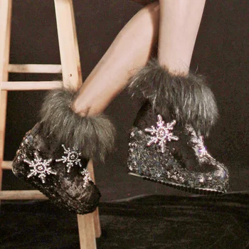 Реална лисица кожа глезена ботуши дамски кадифе платформа клин висок ток кристали кристал цветя обувки DIY X-mas подарък момичета