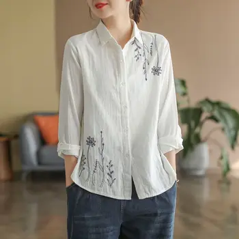 Реколта артистични цвете бродерия памук риза жени случайни ревера дълъг ръкав хлабав проста блуза върховете s593