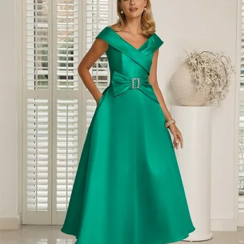 Реколта кратко сатен зелено майка на булките рокли A-линия v-образно деколте глезена дължина кръстница рокля с джобове за жени