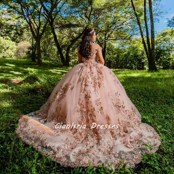Розови 3D цветя Quinceanera рокля топка рокля от рамото Sequined апликации дантела корсет сладък 15 Vestidos де Quinceañera
