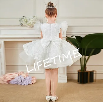 Рокля на момиче цвете Бяла пухкава пластова пола от тюл Дантелена апликация Сватба Елегантно цвете Детска евхаристийна рокля за рожден ден